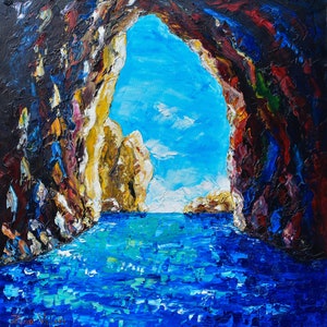Grotta Azzurra, Capri, Faraglioni Capri, Amalfi Coast, oil painting on canvas, gift, wall art decor, palette knife, 70 x 70 cm, 27&quot; x 27&quot;