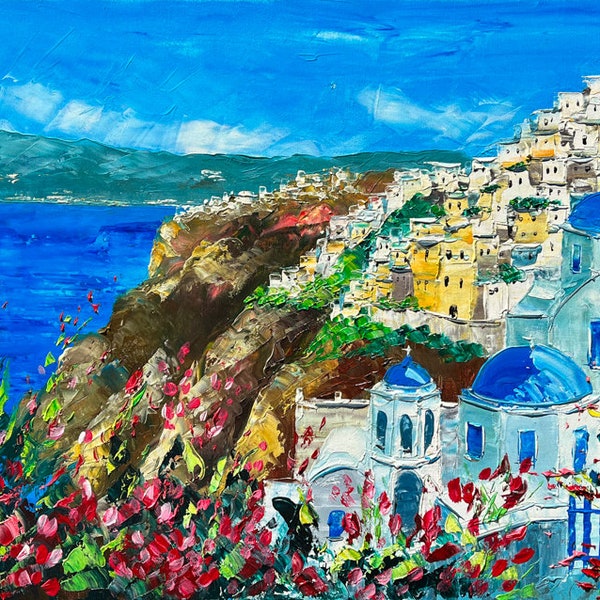 Santorini, Greece, Mykonos,  oil painting on canvas, gift for woman, wall art decor, impressionist art, 50 x 80 cm, 19" x 31.4"