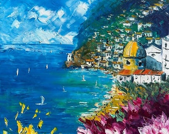 Positano, Amalfi coast, painting on canvas, oil painting, gift, gift idea, impressionist oil on canvas, palette knife, 70 x 50 cm, 27" x 19"