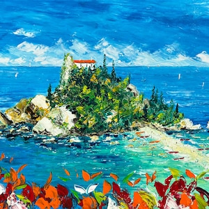 Isola Bella Taormina, Sicily, Italy,  oil painting on canvas, gift for woman, wall art decor, impressionist art, 50 x 80 cm, 19&quot; x 31.4&quot;