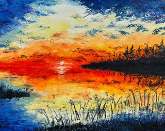 Tuscany sunset paintin, nature art,  Italy, palette knife oil painting on canvas, modern impressionist art, gift, 60 x 90 cm, 23" x 35"