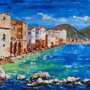 Cefalù, Sicily, Cefalu, Palermo, Italy oil painting on canvas, large painting, impressionist art, wall art, gift, 60 x 90 cm, 23&quot; x 35&quot;