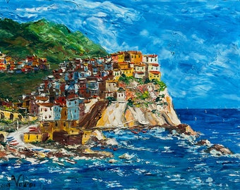 Manarola Cinque Terre Italy, palette knife oil painting on canvas, gift idea, wall art decor, modern impressionist art 50 x 70 cm, 19" x 27"