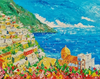 Positano, Costa Amalfitana, Italia. Óleo sobre lienzo con espátula. Arte impresionista moderno. Regalo de boda. 50 x 70 cm.
