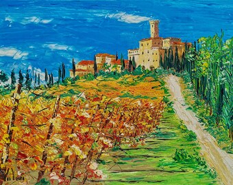 Tuscany vineyard Italy, palette knife oil painting on canvas, gift, modern impressionist art, wedding gift idea 50 x 80 cm, 19" x 31.4"