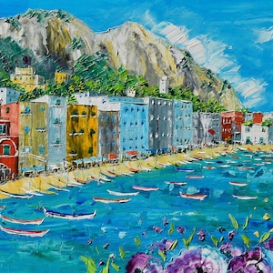 Marina Grande Capri, Faraglioni Capri, Amalfiküste, Ölgemälde auf Leinwand, Geschenk, Wandkunst, Kunst, Spachtel, 50 x 90 cm, 19 &quot;x 35&quot;