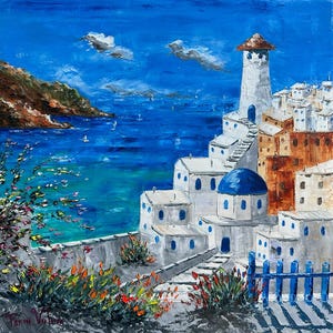Santorini schilderij, Mykonos, Griekenland, olieverfschilderij op canvas, cadeau, Paletmes schilderij, kunst aan de muur, 60 x 60 cm, 24&quot; x 24&quot;