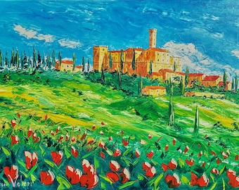 Tuscany landscape with flowers Italy palette knife oil painting on canvas, gift, modern impressionist art, wedding 60 x 90 cm, 23" x 35"