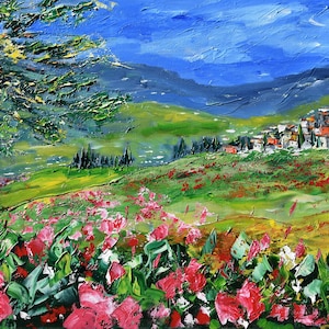 Tuscany Village, Italy painting on canvas, oil painting, gift, oil on canvas, palette knife, spatula painting, 50 x 100 cm, 19&quot; x 39&quot;