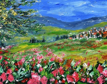 Tuscany Village Italy palette knife oil painting on canvas, gift, modern impressionist art, wedding gift idea, 50 x 100 cm, 19" x 39"