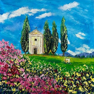 Madonna Vitaleta, Val d&#39;Orcia, Tuscany, Italy, oil painting on canvas, gift, wall art decor, palette knife, 70 x 70 cm, 27&quot; x 27&quot;