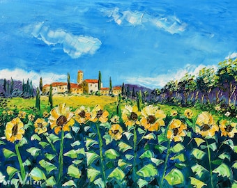 Tuscany sunflowers Italy, palette knife oil painting on canvas, gift, modern impressionist art, wedding gift idea, 50 x 70 cm, 19" x 27"