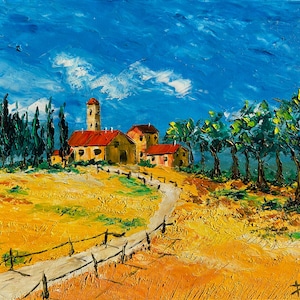 Paesaggio di campo di grano in Toscana, Toscana, Italia, dipinto a olio su tela, regalo, spatola, pittura a spatola, 50 x 70 cm, 19" x 27"