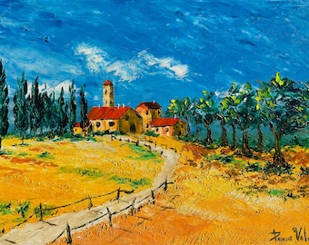 Tuscany wheat field landscape Tuscany Italy, palette knife oil painting on canvas, gift, modern impressionist art, 50 x 70 cm, 19" x 27"