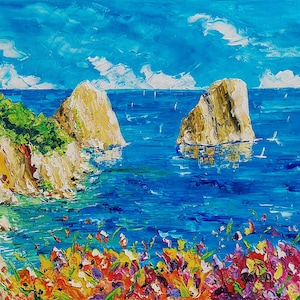 Capri faraglioni, amalfi coast, positano, Italy, oil painting on canvas, gift, spatula painting, gift, wall art, 60 x 120 cm, 23&quot; x 47&quot;