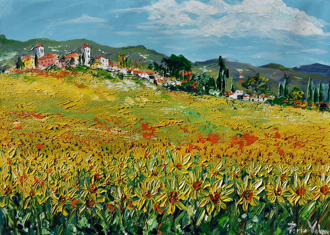 Tuscany Sunflowers Italy, Palette Knife Oil Painting on Canvas, Gift ...