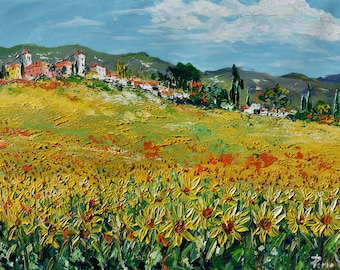 Tuscany sunflowers Italy, palette knife oil painting on canvas, gift, modern impressionist art, wedding gift idea 50 x 70 cm, 19" x 27"