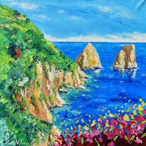 Capri, Faraglioni Capri, Amalfi Coast, oil painting on canvas, gift, wall art decor, art, palette knife, 70 x 70 cm, 27&quot; x 27&quot;