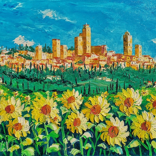 San Gimignano sunflowers, Tuscany, Italy, oil painting on canvas, gift, palette knife, spatula painting, gift idea, 50 x 70 cm, 19" x 27"