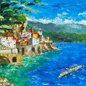 Atrani, Amalfi coast, Costiera Amalfitana, Positano, Italy oil painting on canvas, wall art, palette knife, gift idea 70 x 100 cm, 27&quot; x 39&quot;