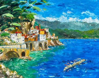 Wybrzeże Amalfi w Atrani, Positano, Włochy, obraz olejny na płótnie, sztuka impresjonistyczna, ślub, 70 x 100 cm, 27" x 39"