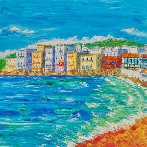 Little Venice Mykonos, greece, santorini, ios oil painting on canvas, palette knife, gift, wall art 50 x 70 cm, 19&quot; x 27&quot;