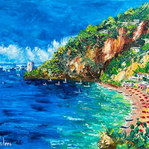 Fornillo, Positano, Amalfi Coast, Italy  oil painting on canvas, large painting, impressionist art, gift, wedding, 60 x 80 cm, 23&quot; x 31.4&quot;