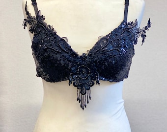 Gothic Black Beaded Sequin Embroidered Sparkly Luxe Femme Fatale Cabaret Dance Bra