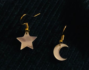 Mother of pearl dainty star and moon gold plate drop earrings