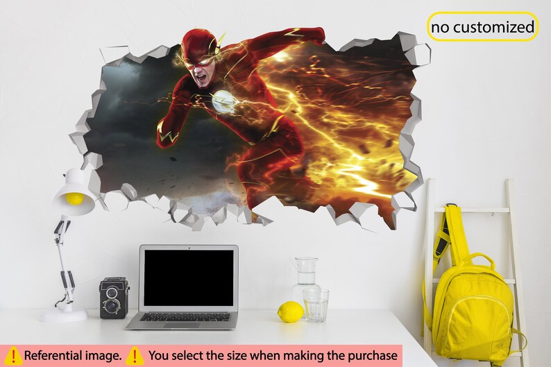 May include: A 3D wall decal featuring The Flash, a superhero running through a cracked wall with lightning bolts. The decal is printed on a white background.