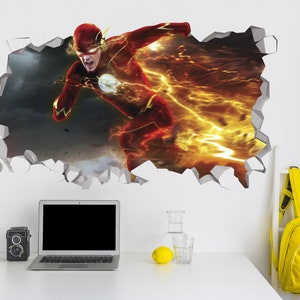 May include: A wall decal featuring the Flash, a superhero running through a cracked wall with lightning bolts. The decal is a 3D effect, making it appear as if the Flash is breaking through the wall.