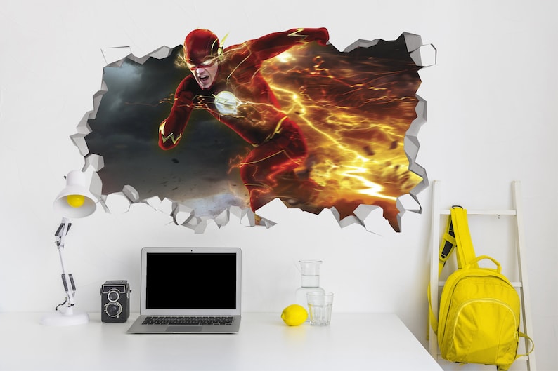 May include: A wall decal featuring the Flash, a superhero running through a cracked wall with lightning bolts. The decal is a 3D effect, making it appear as if the Flash is breaking through the wall.