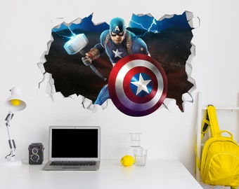 Captain America Avengers Craft Wall Decal Wall Mural Stickers Design Customizable Kids Boys 3D Smash SuperHeros