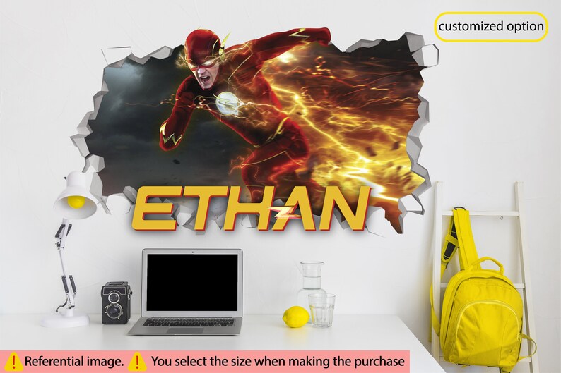 May include: A wall decal featuring the Flash, a superhero with red and yellow costume, breaking through a wall. The name "ETHAN" is written in yellow letters below the image.