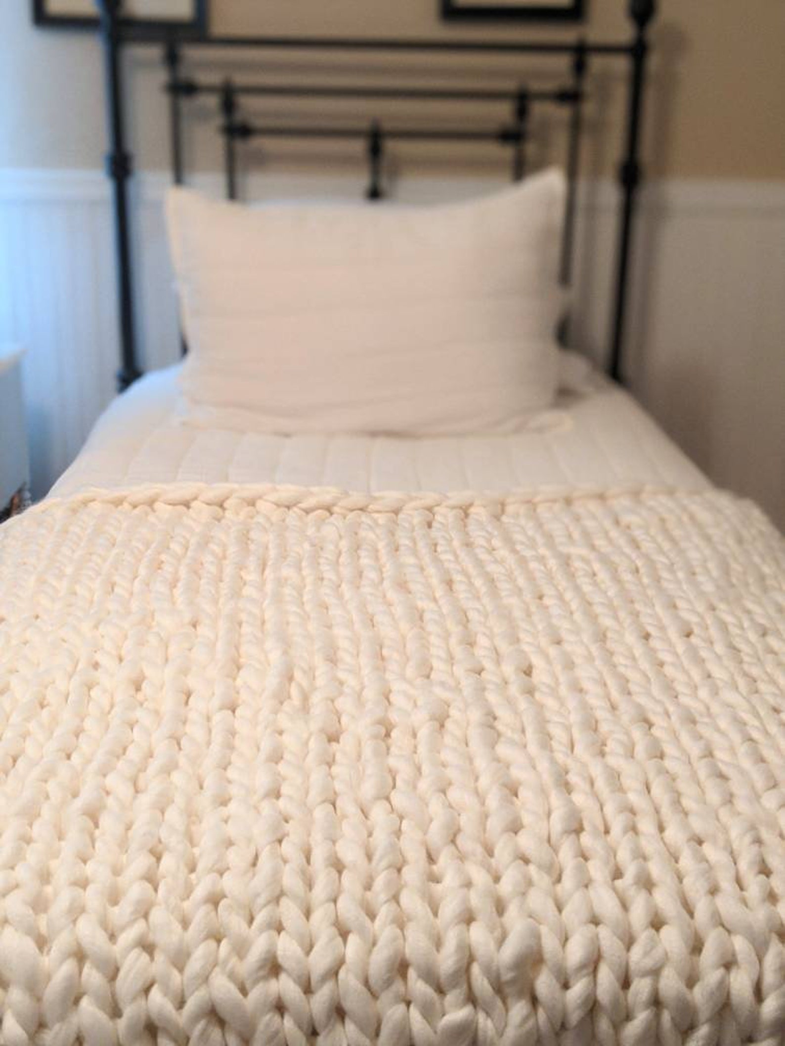 Soft Coconut Creme Chunky Hand Knit Throw Blanket Etsy