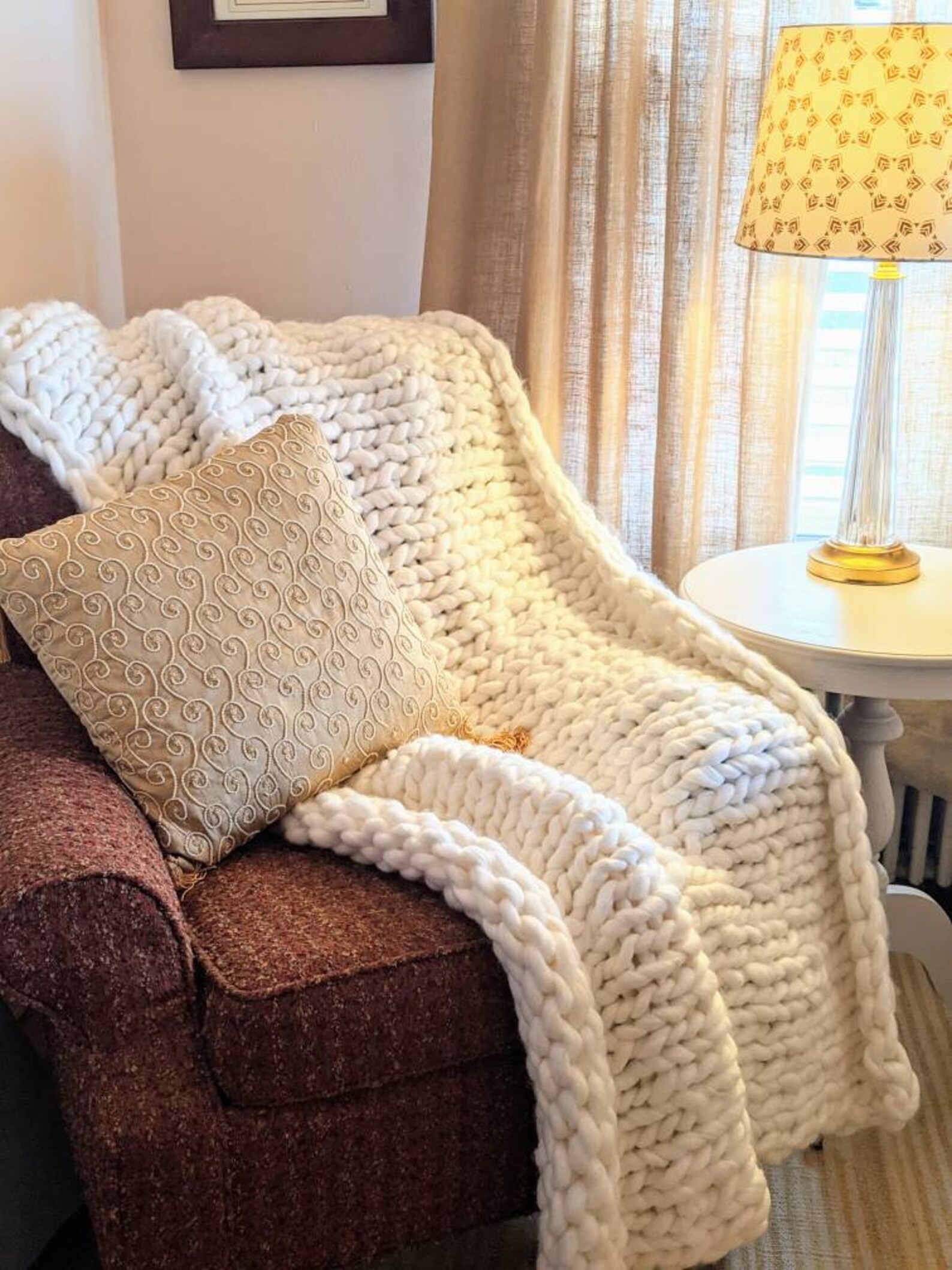 Soft Coconut Creme Chunky Hand Knit Throw Blanket Etsy