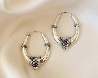 Boho Silver Hoop Earrings, Silver Hoop Earrings, Ethnic Earrings, Sterling Silver Earrings, Hippy Earrings, Big Hoop Earrings, Minimalist