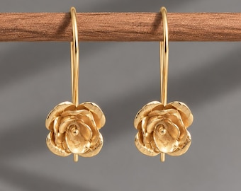 14k Gold Flower Earrings, Gold Floral Dangle Earrings, Flower Drop Earrings, Gold Statement Earrings, Dainty Floral Jewellery