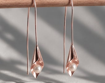 Rose Gold Pearl Dangle Earrings, Pearl Drop Earrings, Elegant Bridal Earrings, Rose Gold Wedding Jewelry, Bridesmaid Gift, Gift for Her