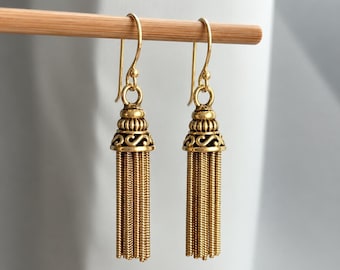 Gold Tassel Earrings, Long Gold Dangle Earrings, Gold Fringe Earrings, Boho Drop Earrings, Gold Statement Jewellery, Gift for Her