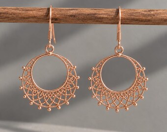 14k Rose Gold Filigree Earrings, Rose Gold Mandala Dangle Earrings, Boho Rose Gold Drop Earrings, Ornate Statement Jewellery
