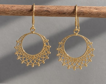 14k Gold Filigree Earrings, Gold Mandala Dangle Earrings, Boho Gold Drop Earrings, Ornate Statement Jewellery, Vintage Earrings