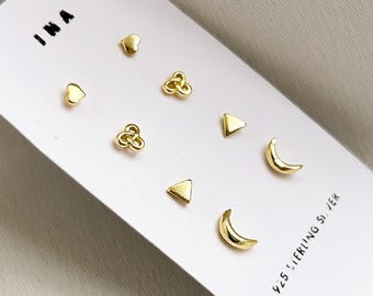 14k Tiny Gold Stud Set , Celestial Earrings Set , Sterling Silver Studs , Stud Earrings , 925 Stud Earring Set , Tiny Gold Stud Earrings