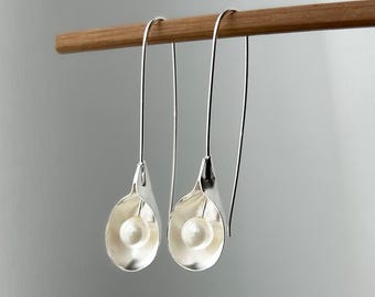 Pearl Dangle Earrings , Sterling Silver, Minimalist Earrings , Dainty Jewelry, Mom Gifts , Gifts For Girlfriend , Statement Earrings