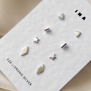 Juego de pendientes de plata de ley, pendientes minimalistas de plata, pendientes de botón, juego de pendientes de botón de plata 925, juego de pendientes pequeños de plata