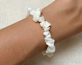 Natural Mother of Pearl Bracelet | Shell Gemstone Stretch Bracelet | Handmade Boho Jewellery | One Size