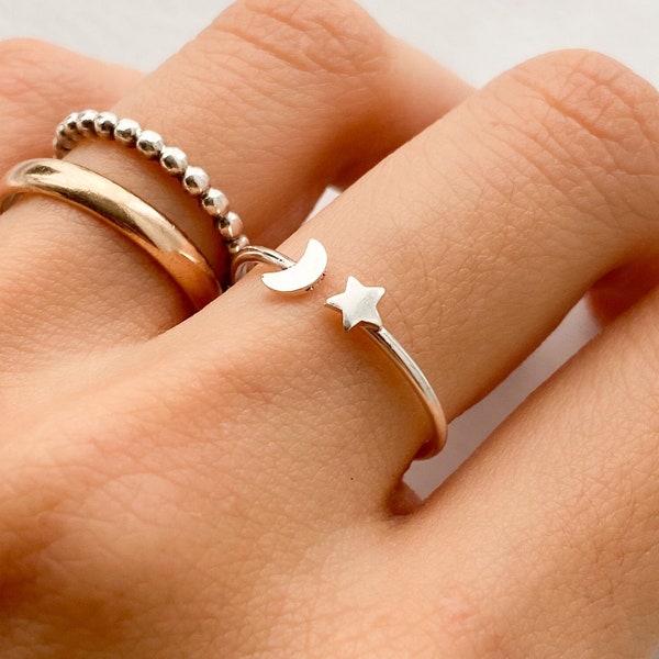 Star And Moon Ring | Sterling Silver Ring | Dainty Ring | Minimalist Ring | Stacking Rings | Promise Ring | Silver Jewelry | Girlfriend Gift