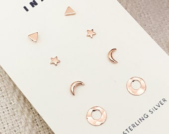 Rose Gold kleine Ohrstecker Set, Rose Gold Ohrringe, himmlische Ohrringe Set, Rose Gold Ohrstecker, Ohrstecker, 925 Ohrring Set, kleine Ohrstecker