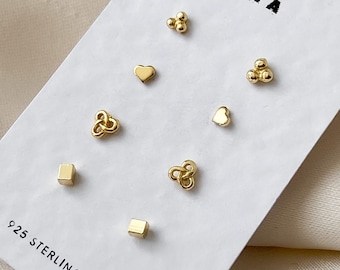 14k Tiny Gold Stud Set , Celestial Earrings Set , Sterling Silver Studs , Stud Earrings , 925 Stud Earring Set , Tiny Gold Stud Earrings