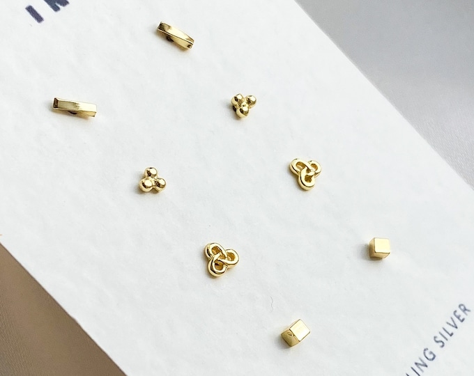 14k Tiny Gold Stud Set , Celestial Earrings Set , Sterling Silver Studs